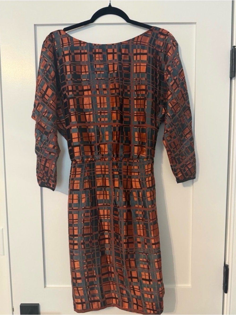 Reiss Orange and Charcoal Geometric Long Sleeve Dress